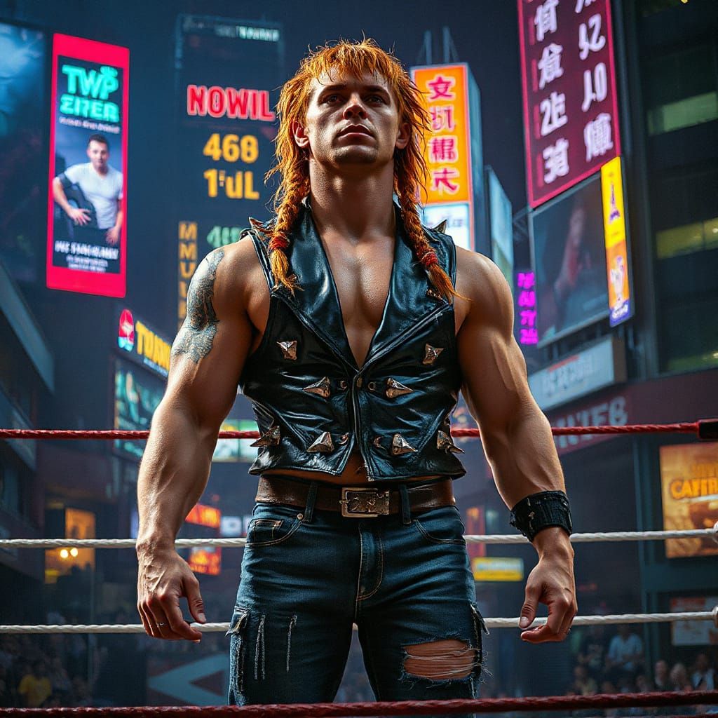 Cyberpunk Vampire Wrestler in Neon Cityscape