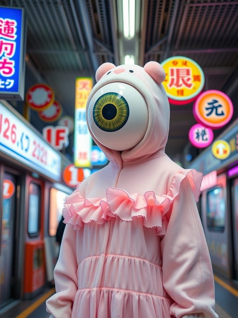 Woman in Pastel Kigurumi Dress Wears Cyclops Mask in Tokyo T...