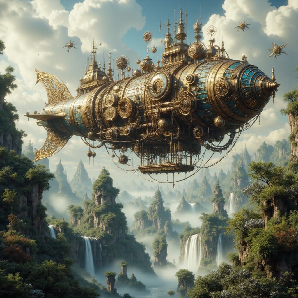 Steampunk Airship Navigates Sky Islands