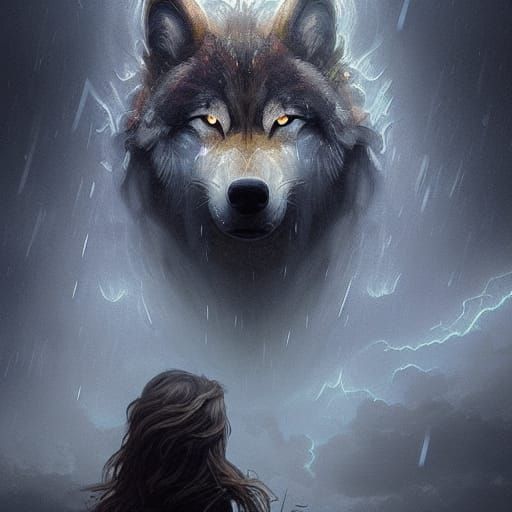 Giant Wolf Portrait in Thunderstorm, Hyperdetailed Digital A...