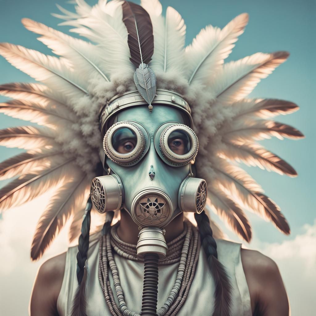 Retrofuturistic Indian with Gas Mask in Pastel Colors