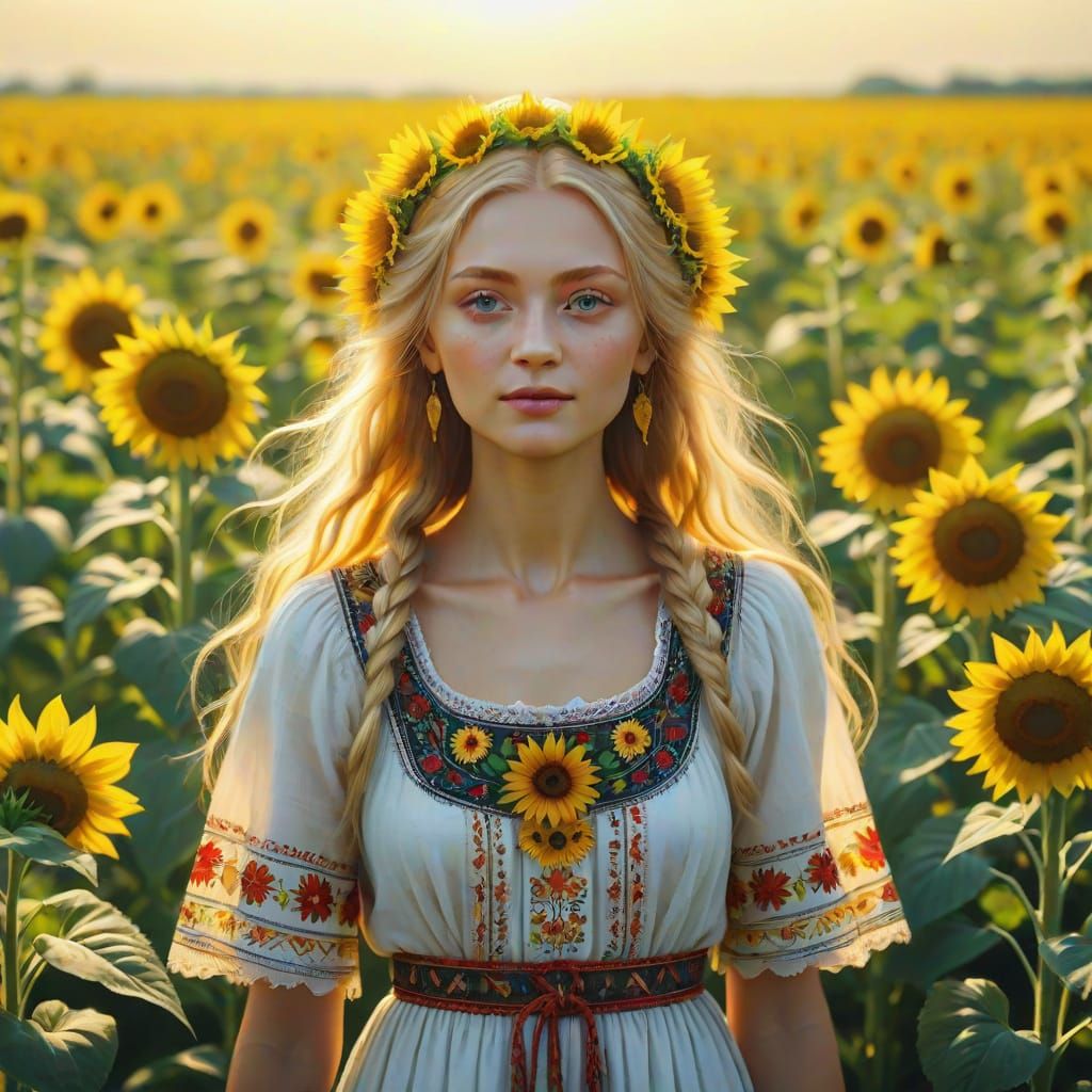 Vesna, Slavic Goddess of Spring, in Sunflower Field