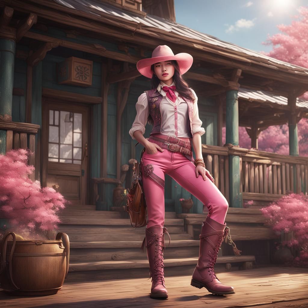 Curvy Korean cowgirl in pink pants, boots, vest and hat standing on a side porch.