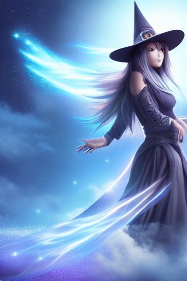 Anime Wizard Woman Conjuring Water Magic in Space