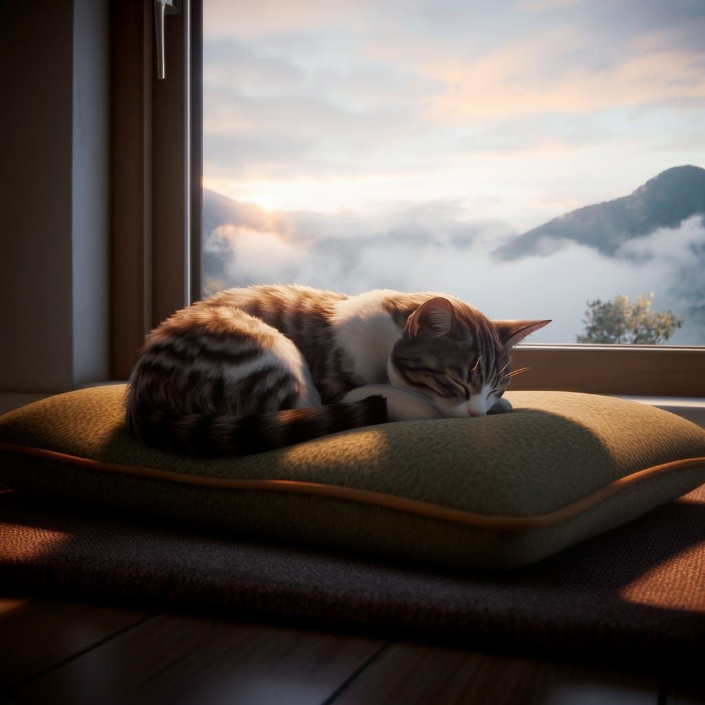 Sleeping Cat in Minimalist Home, Art Nouveau Style