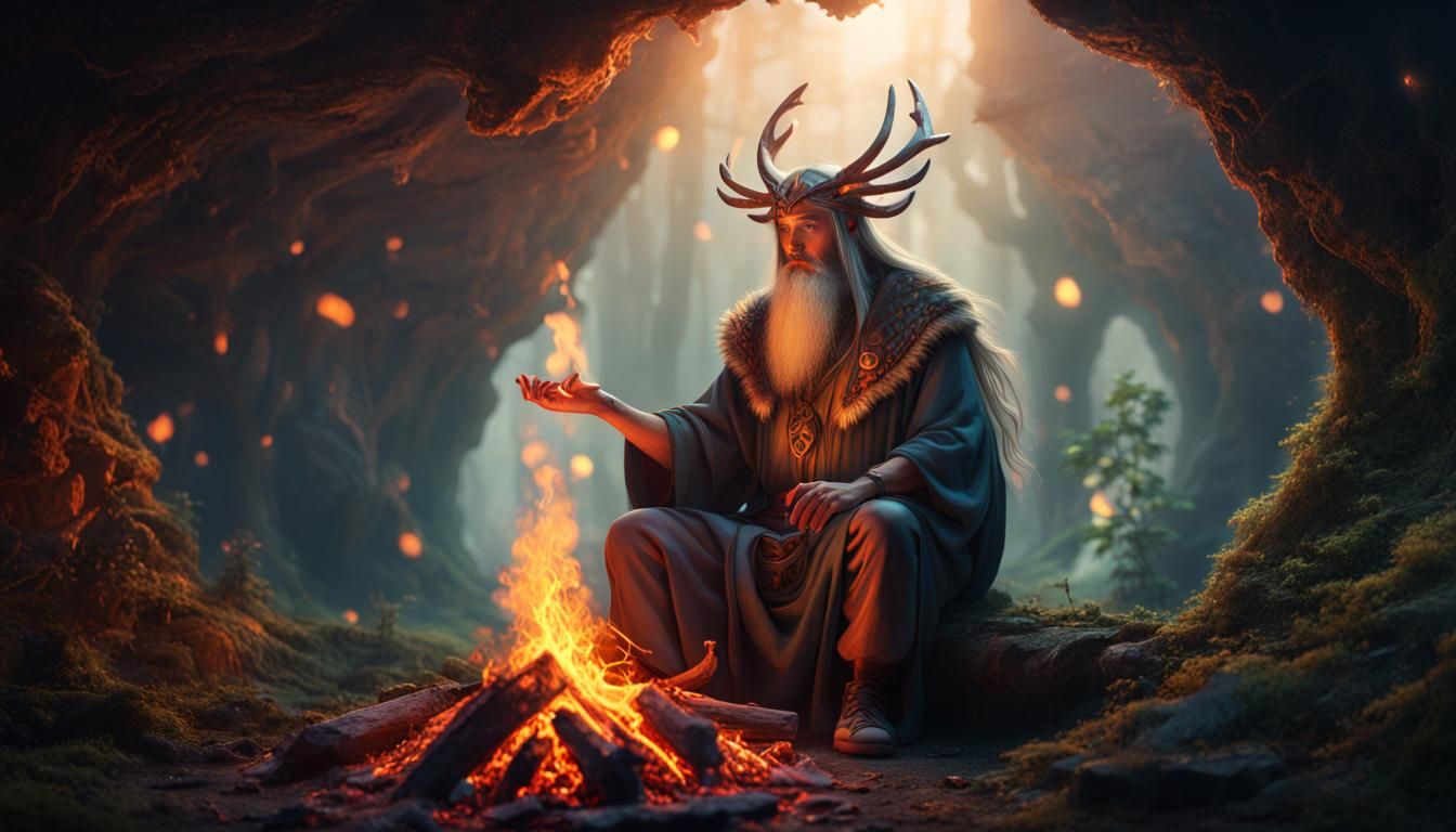 Druid in Forest Cave: Fantasy Concept Art
