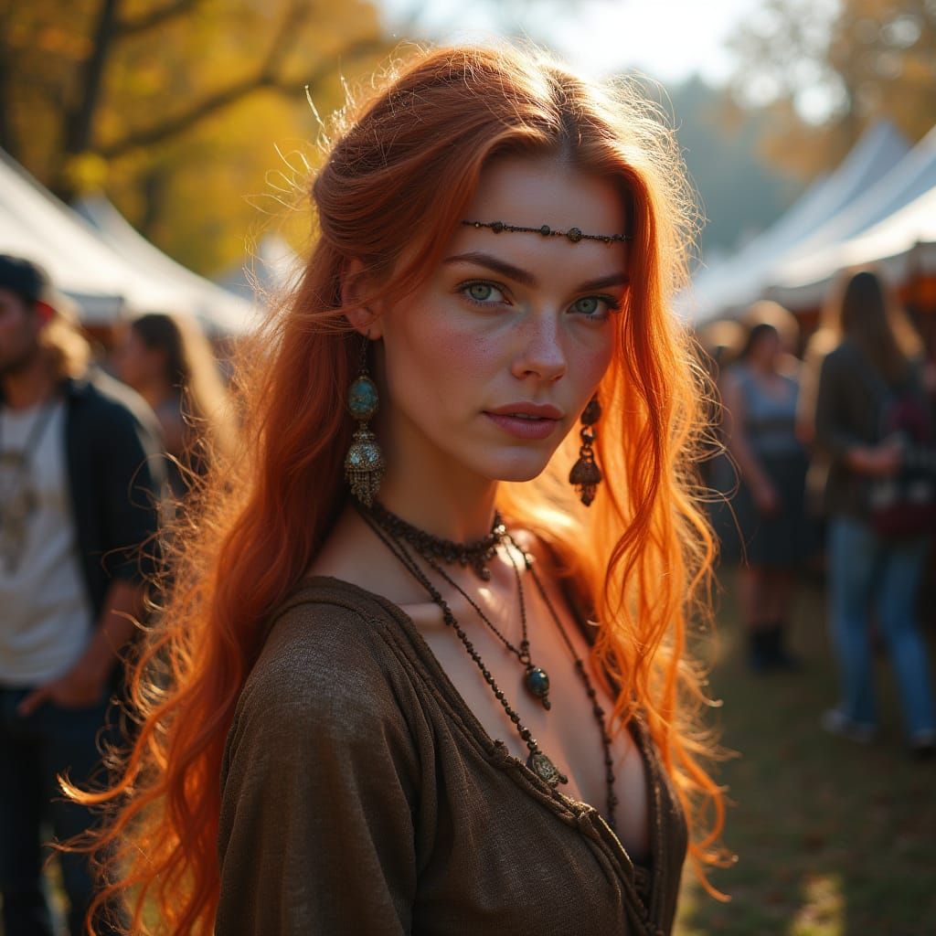 Red Haired Woman in Pagan Attire at Autumn Festival