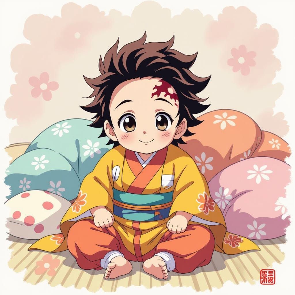 Baby Tanjiro Kamado in Anime Watercolor Style