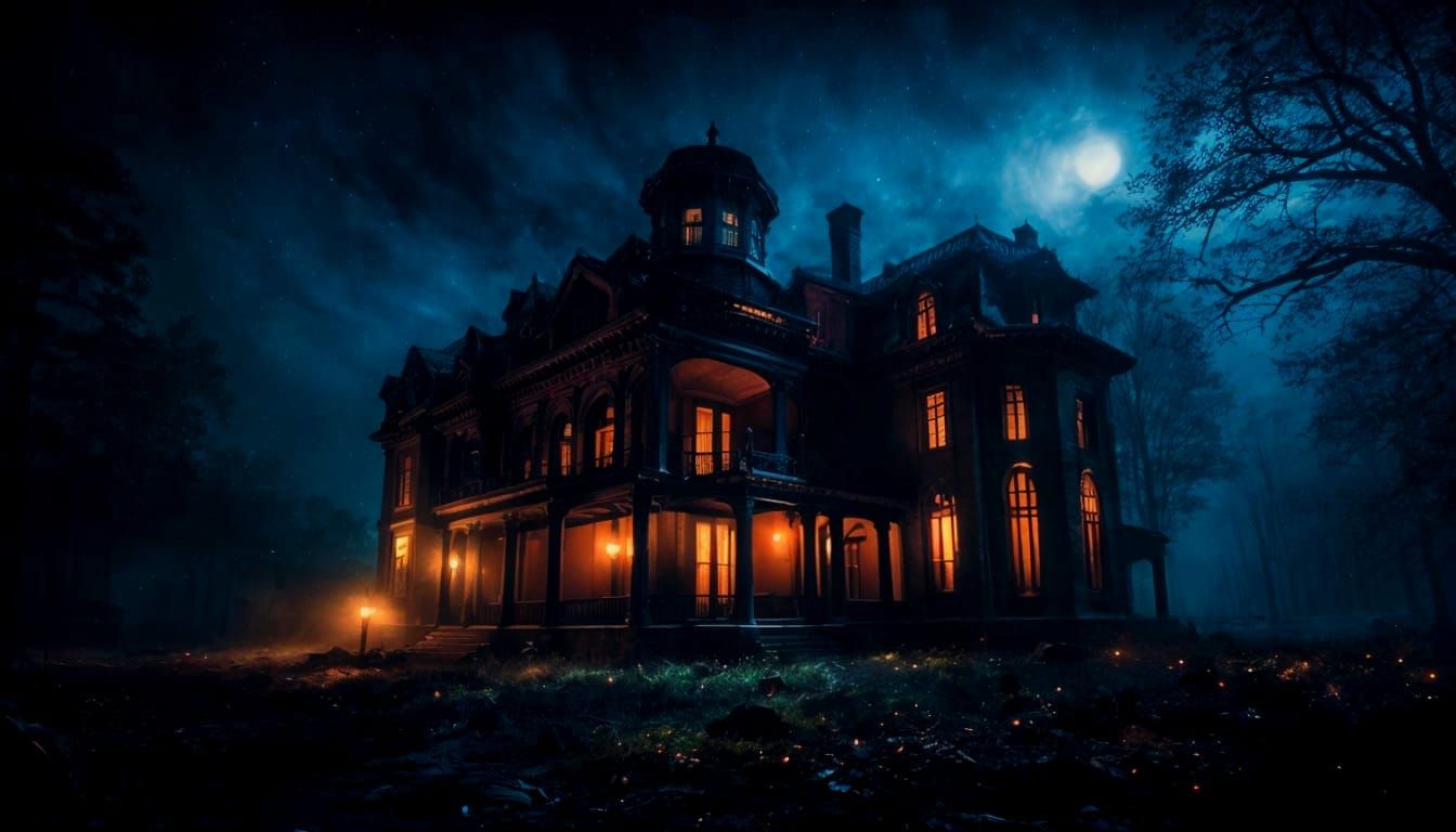 Eerie Abandoned Mansion in Moonlight, Oil Painting Style