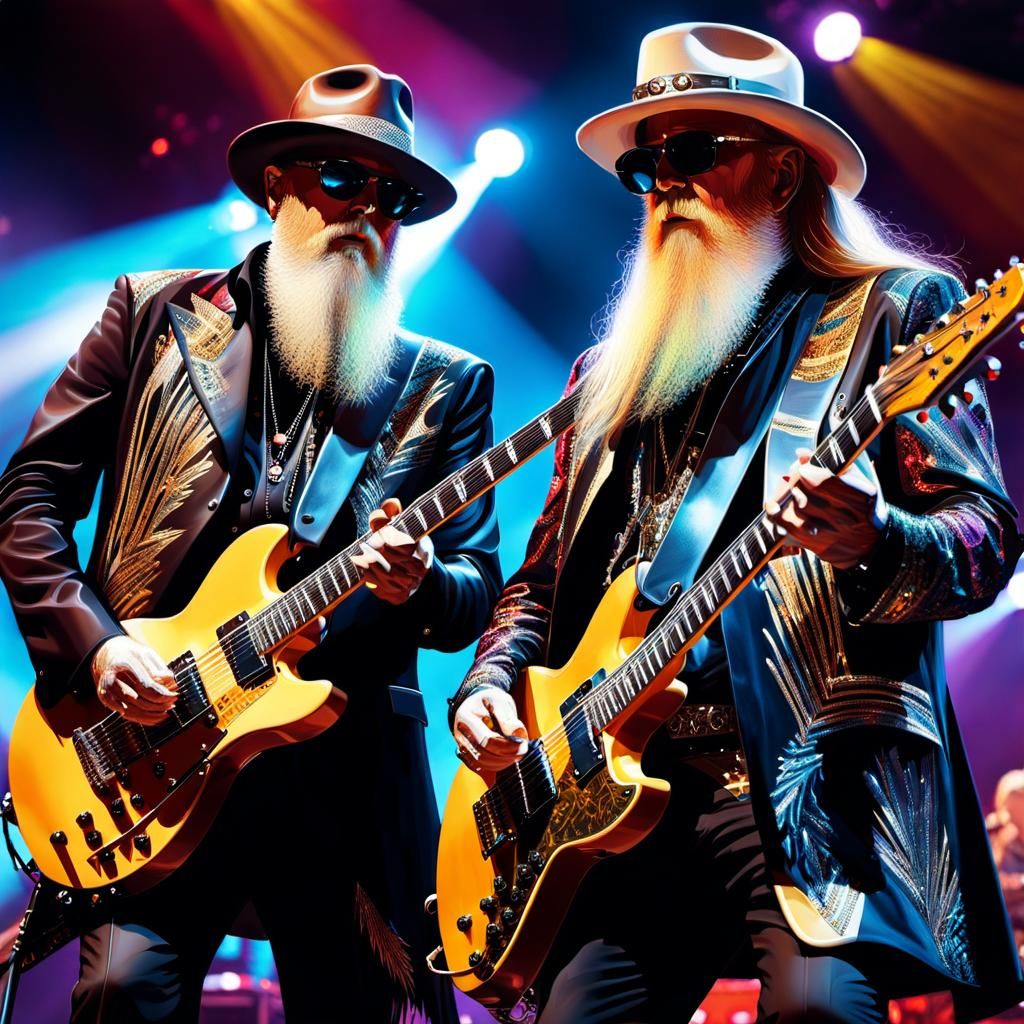 Bearded Guitarists on Stage in Digital Painting