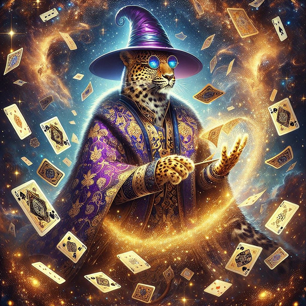 Cosmic Leopard Card Trickster in Opulent Attire