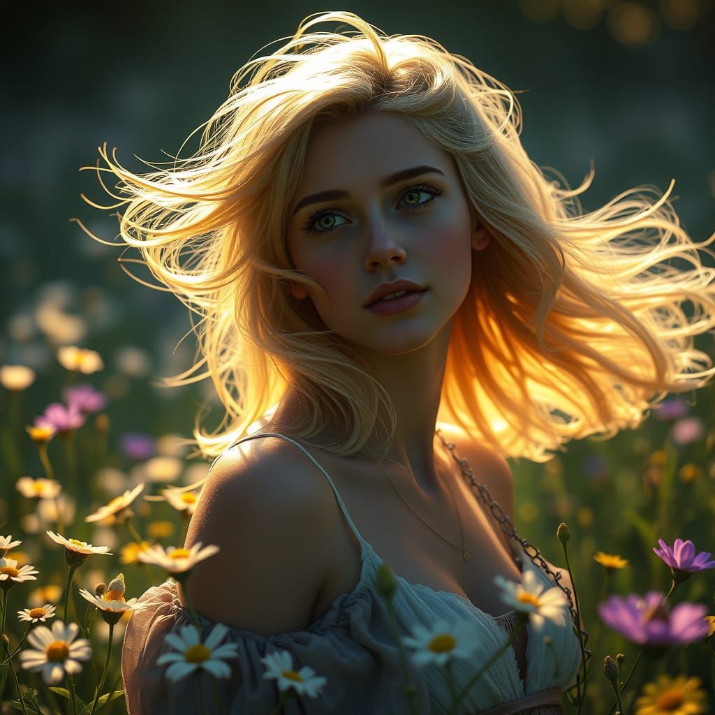 A fairy-tale scene featuring a young woman with flowing blonde hair adorned with daisies, gazing thoughtfully amidst a f...