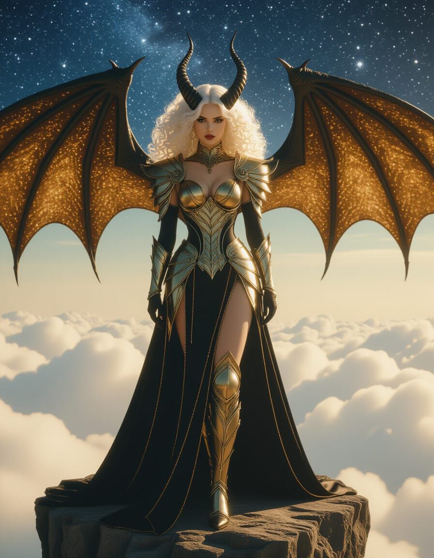 Large format portrait of a divine Dragon Queen, with platinu...