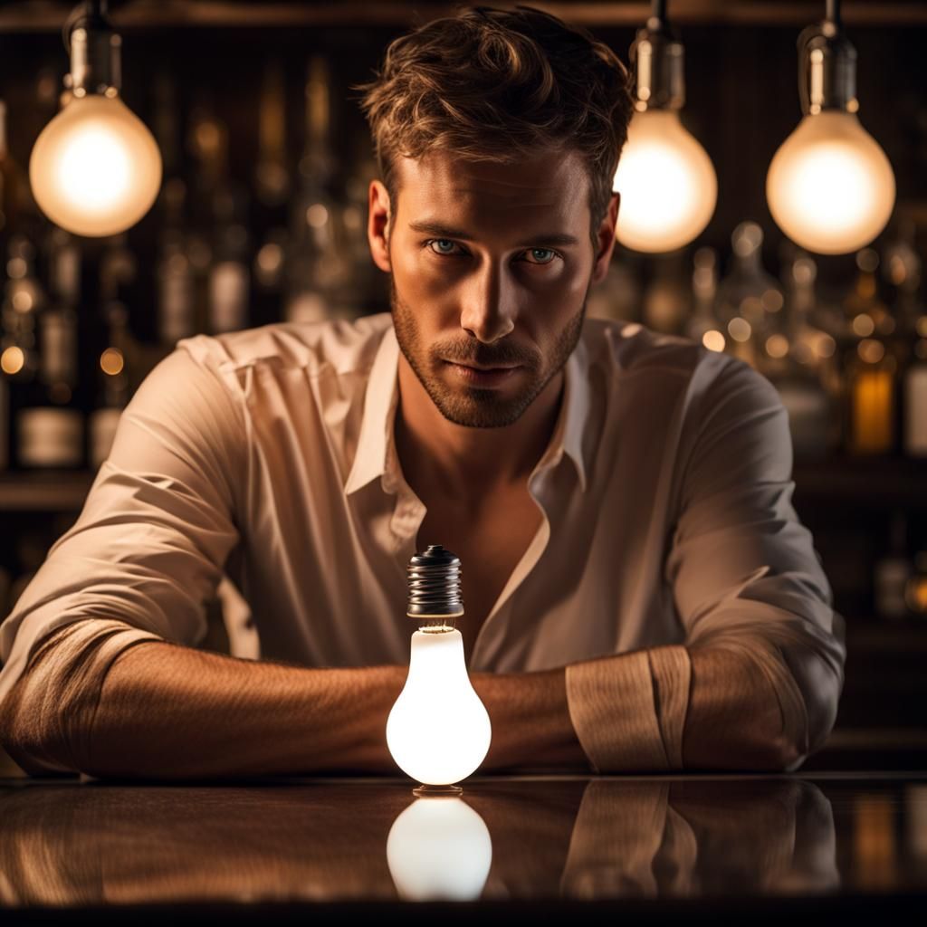 Man in Dark Bar with Glowing Eyes