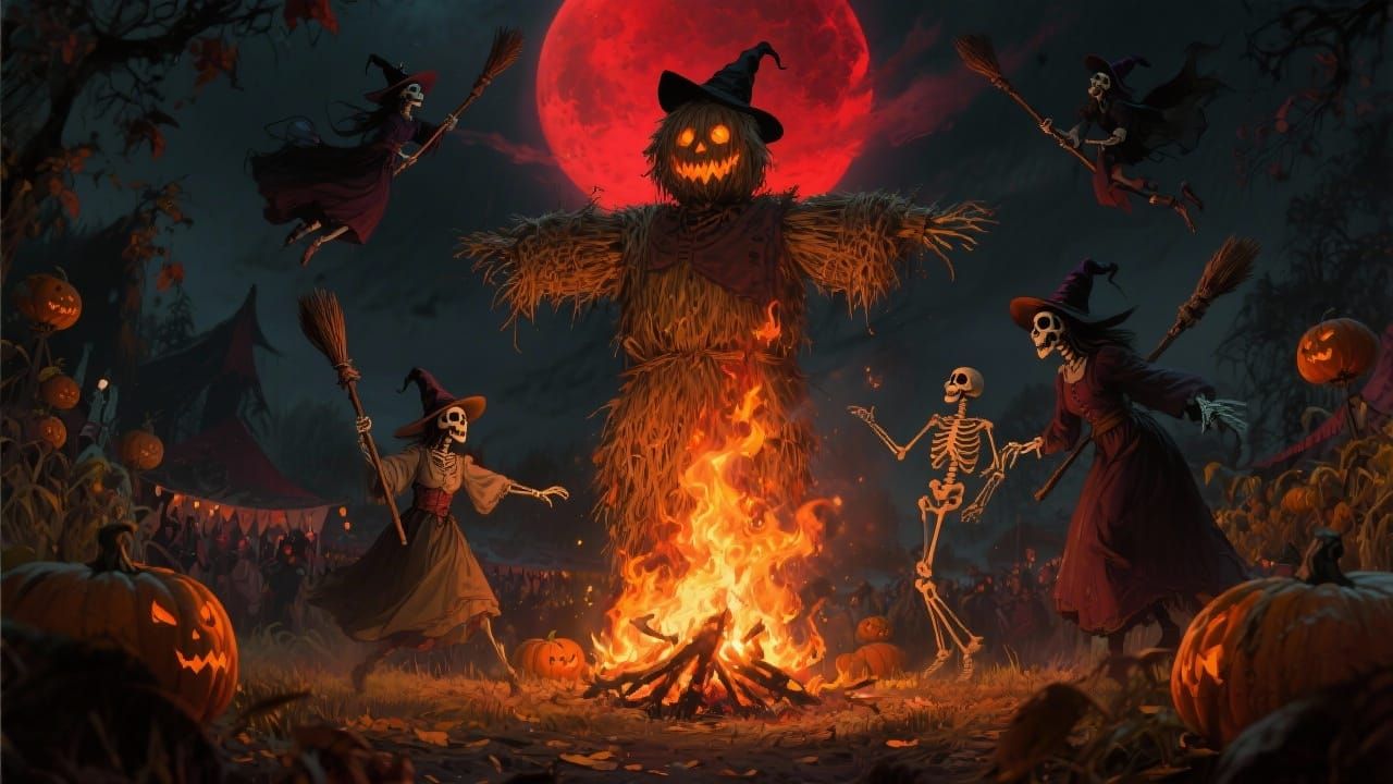 Burning Hay Effigy at Creepy Autumn Festival Under Crimson M...