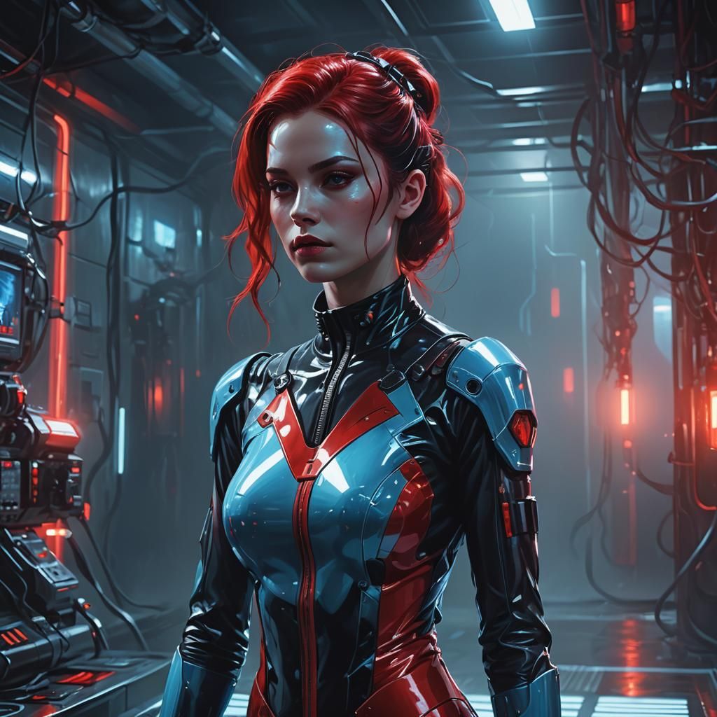 Cybernetic Woman in Sci-Fi Lab with Vibrant Lighting