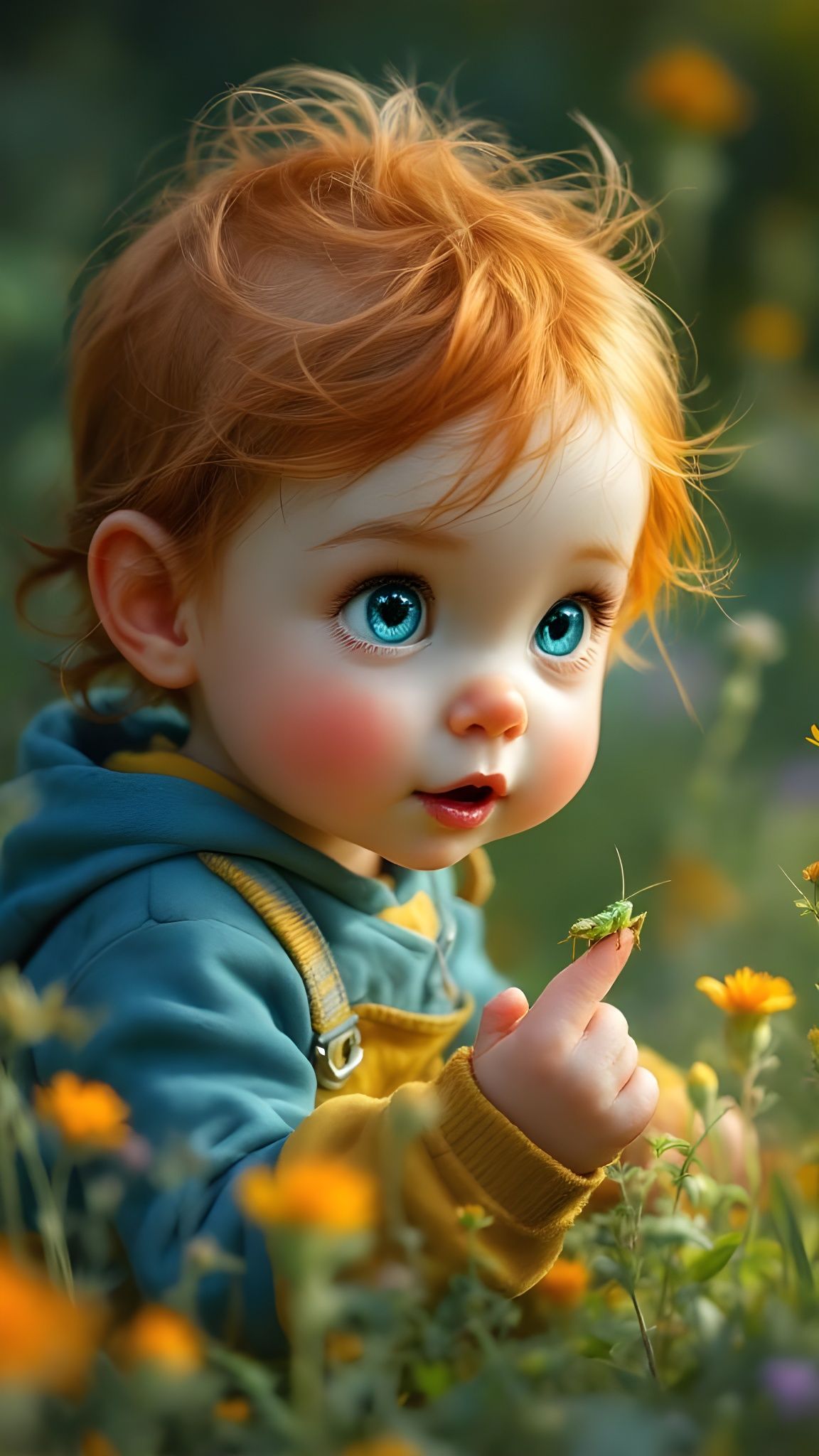 Redheaded Baby Girl and Grasshopper, Hyperrealistic Art