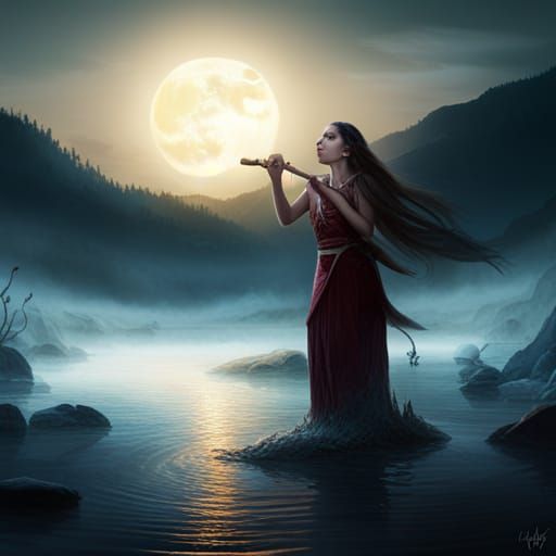 Moonlit Flute Player in Misty Lake
