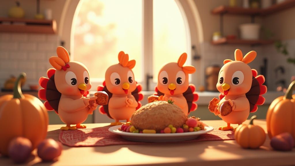 Chibi Turkeys Prepare Thanksgiving Feast: 3D Animation