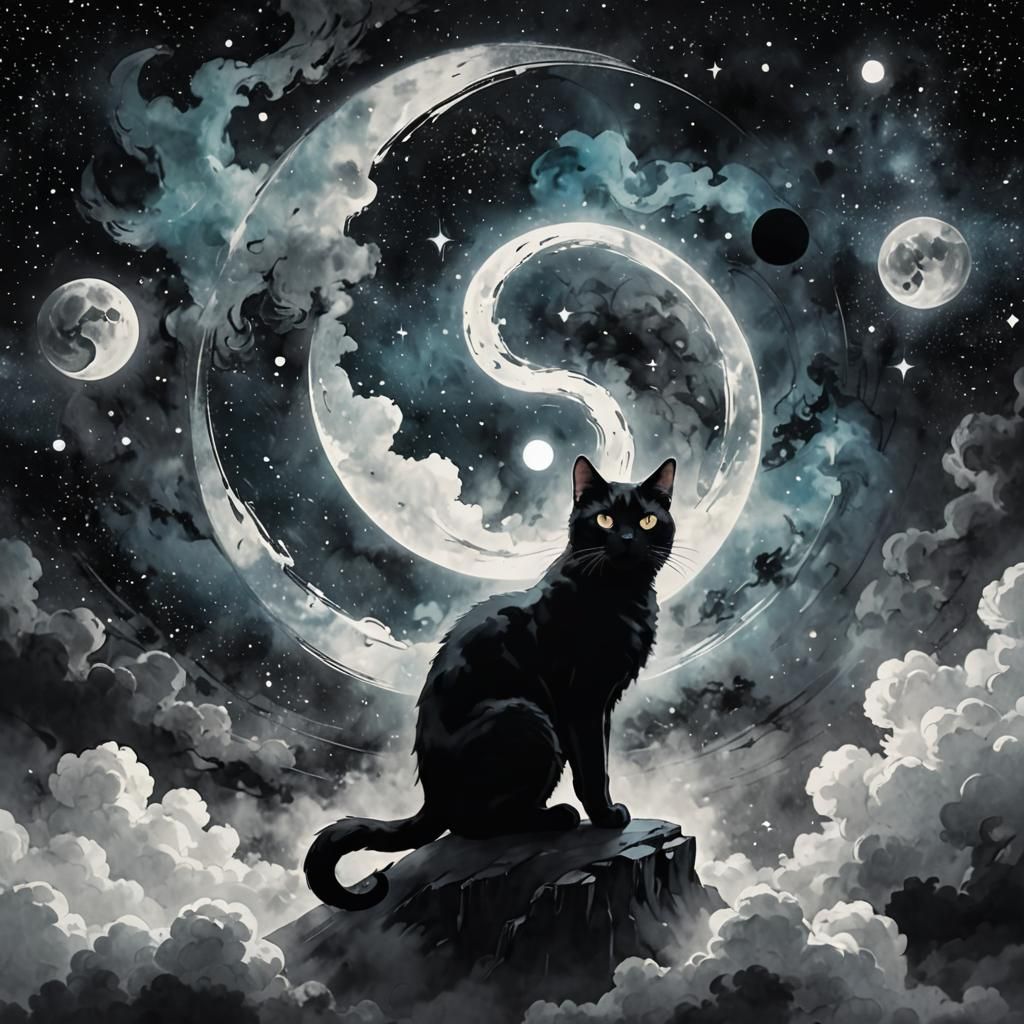 Mystical Cat on Yin Yang in Surreal Anime Art