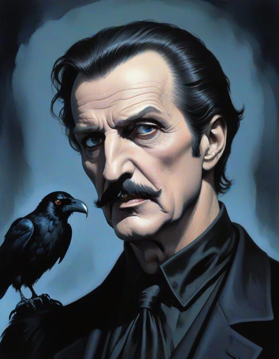Vincent Price Contemplates a Mysterious Raven in Vibrant Tec...