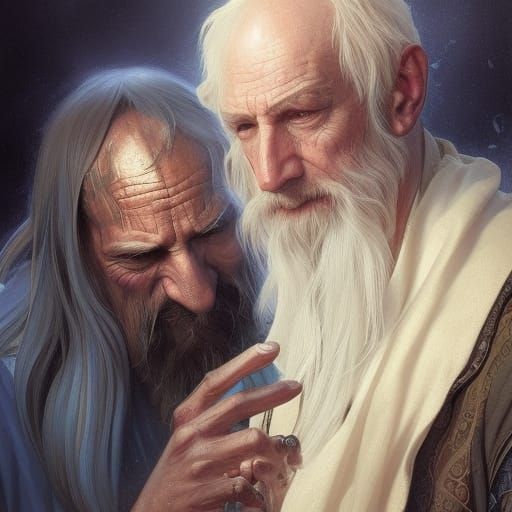 Ancient Wizard and Apprentice Portrait in Art Nouveau Style