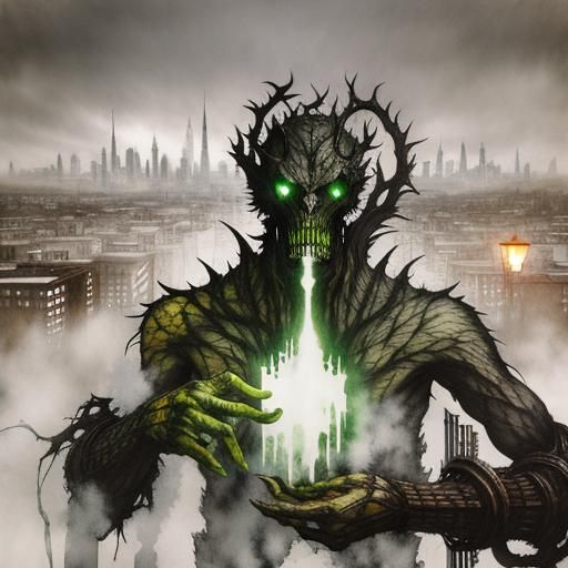 Surreal Double Exposure: Monster in Dystopian Cityscape