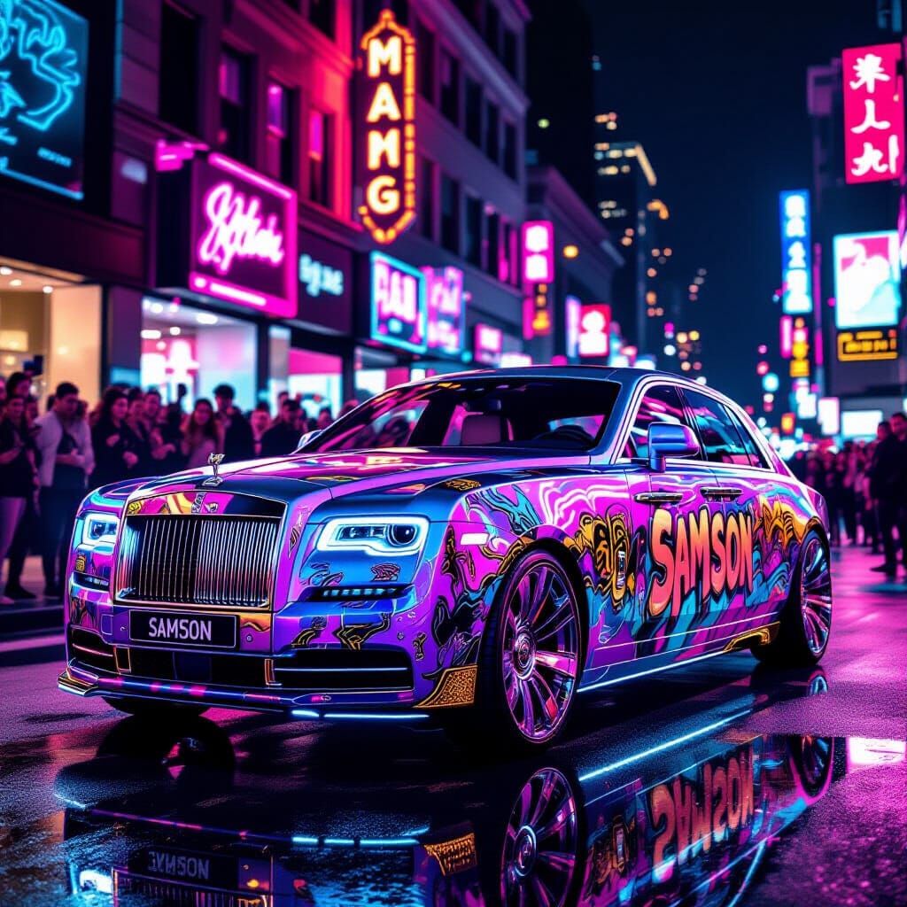 Custom Rolls Royce with Graffiti Art Under Neon City Lights