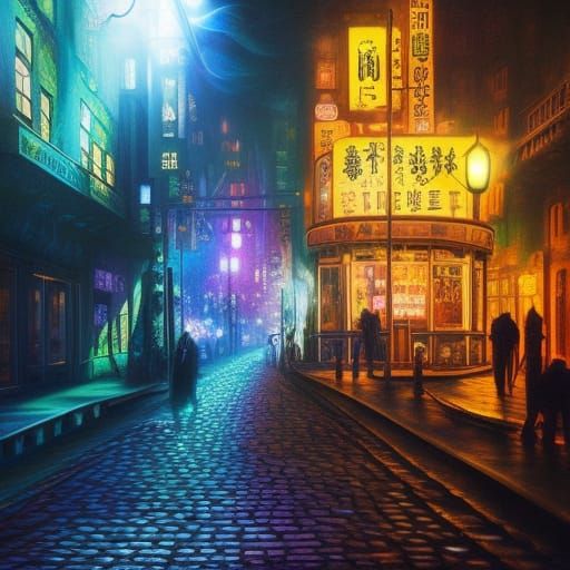 Night Street as Chalk Art with Steampunk Elements