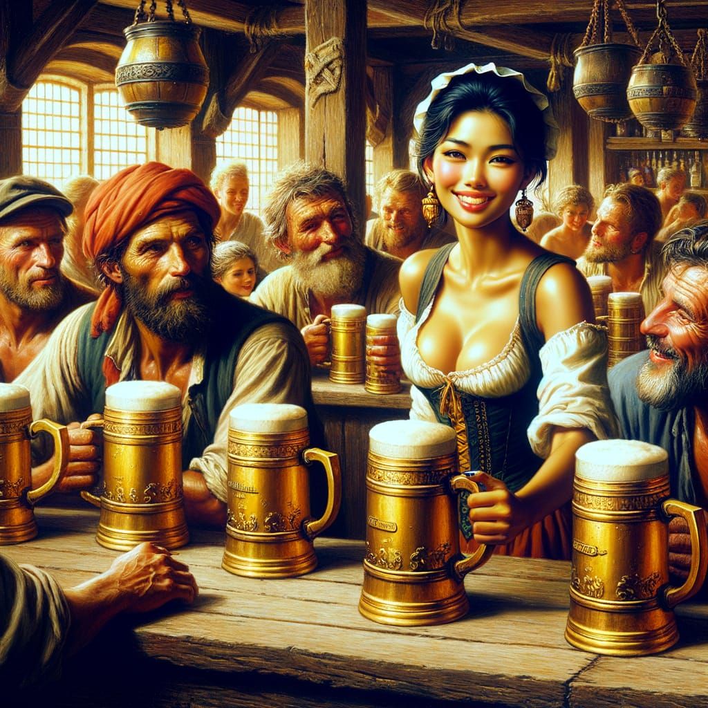 Glowing Barmaid Serves Ale to Exotic Voyagers in a Cozy Whar...