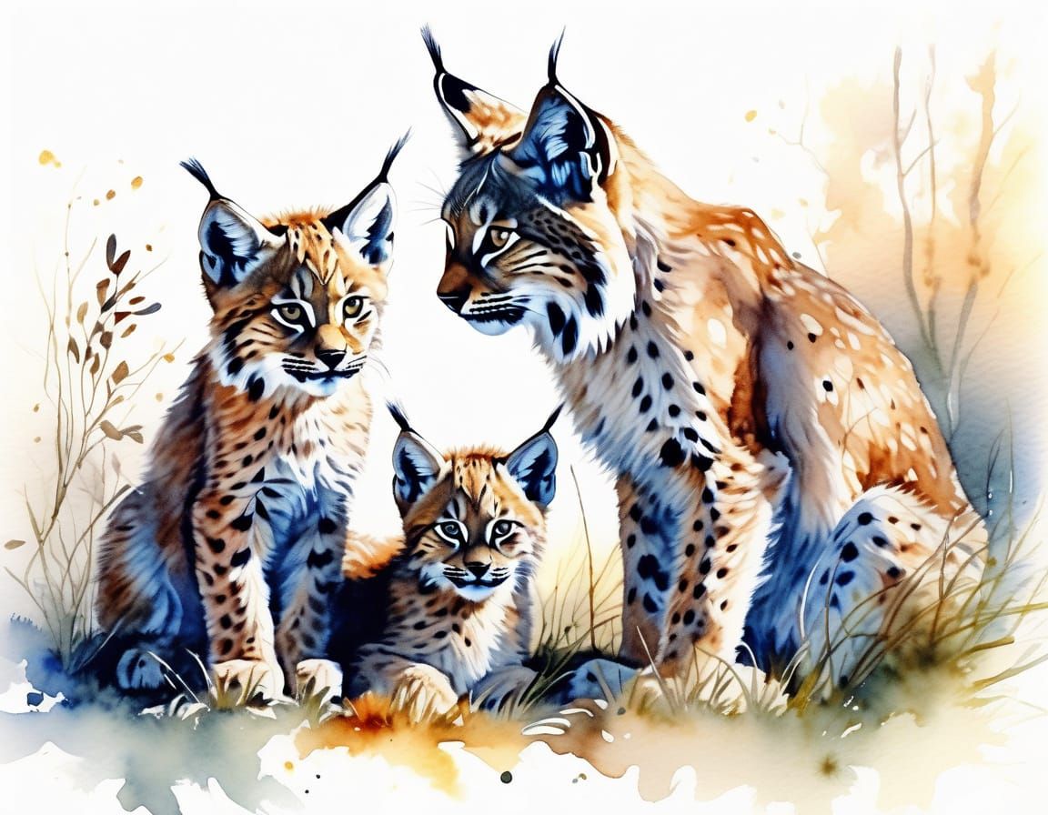 Lynx Family in Vibrant Forest Landscape