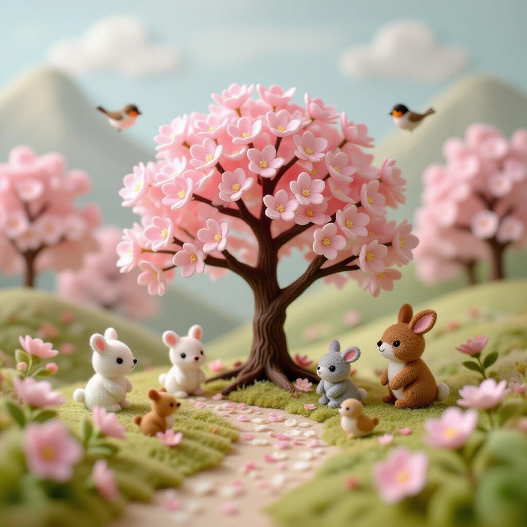 Miniature Cherry Blossom Tree in Misty Valley with Woodland ...
