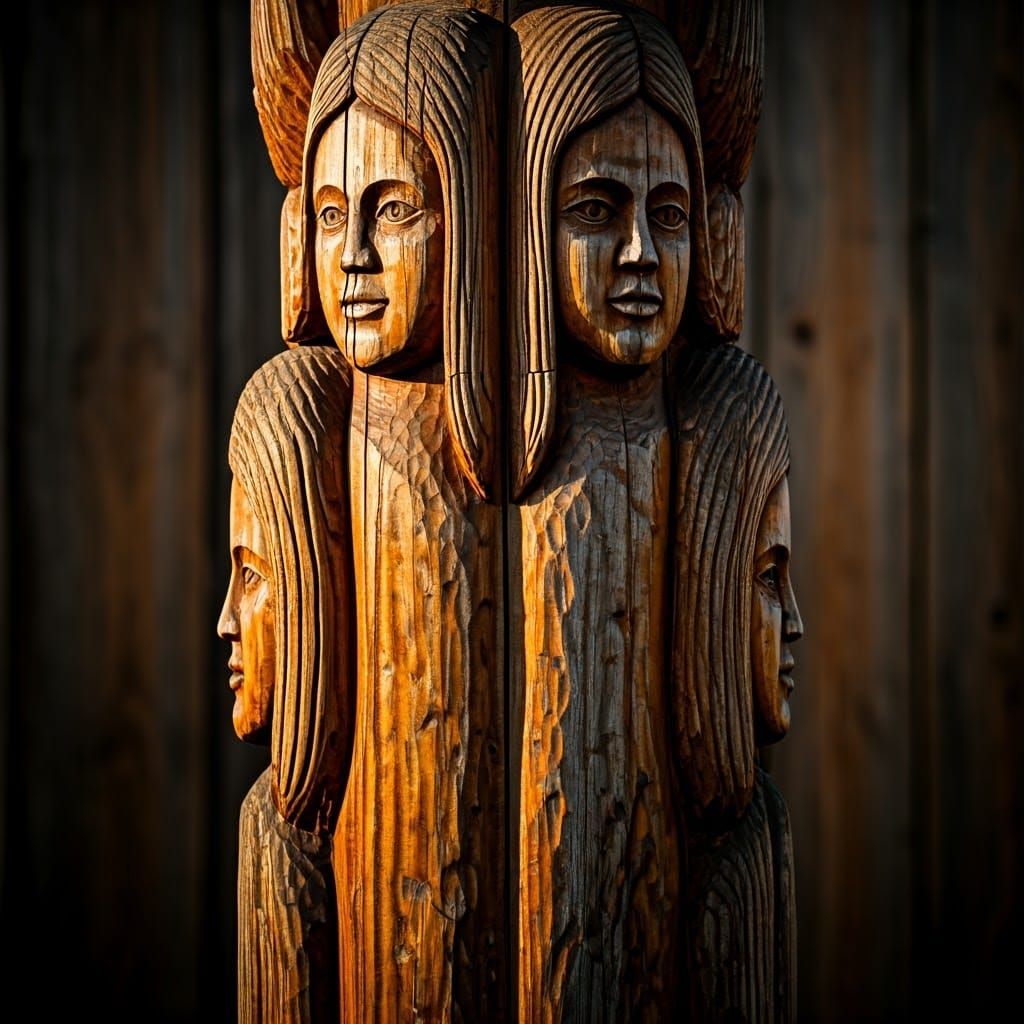 Wooden Totem Pole with Delicate Female Faces