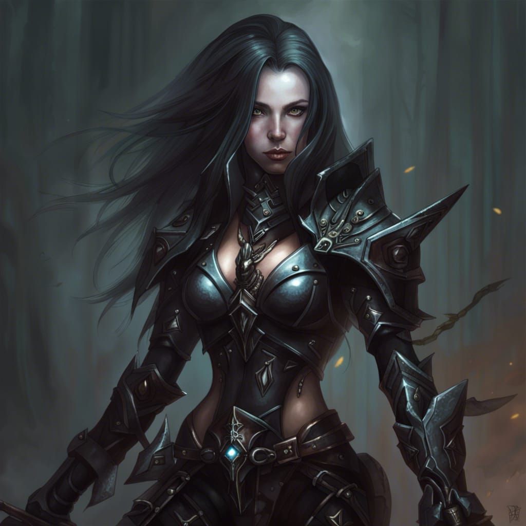 a beautiful dark eldar female, clad in tight leather armor h...