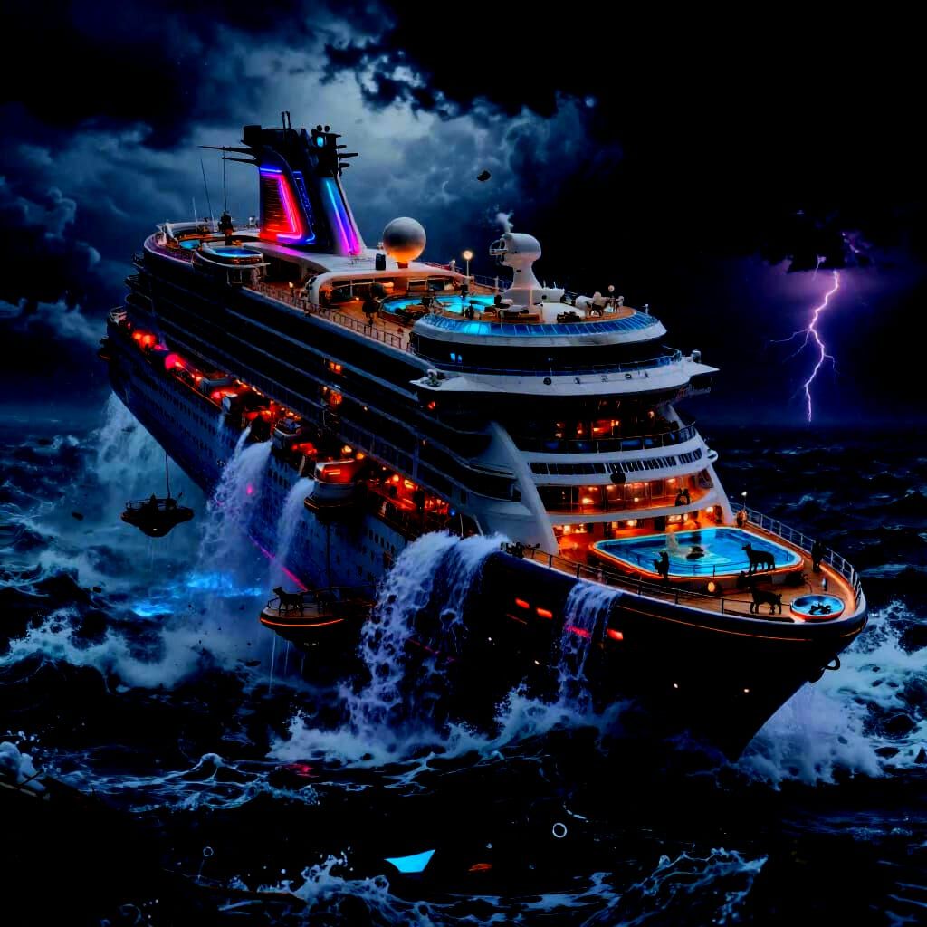 Futuristic Ship Sinks in Stormy Ocean