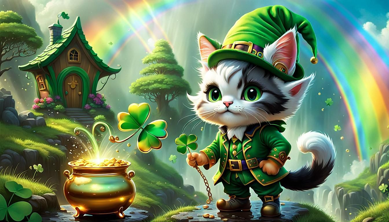 Chibi Leprechaun with Cat and Pot of Gold