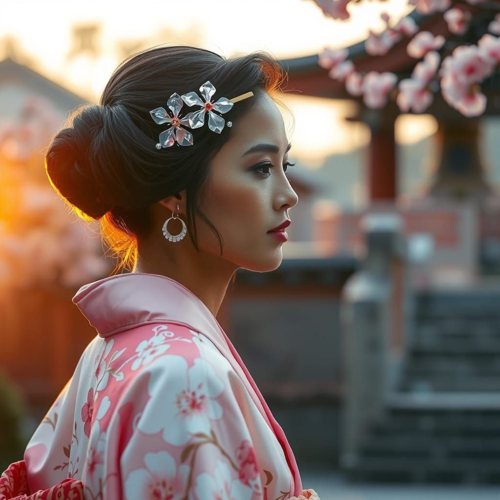 Japanese Beauty in Temple Twilight, Sakura Hairpin
