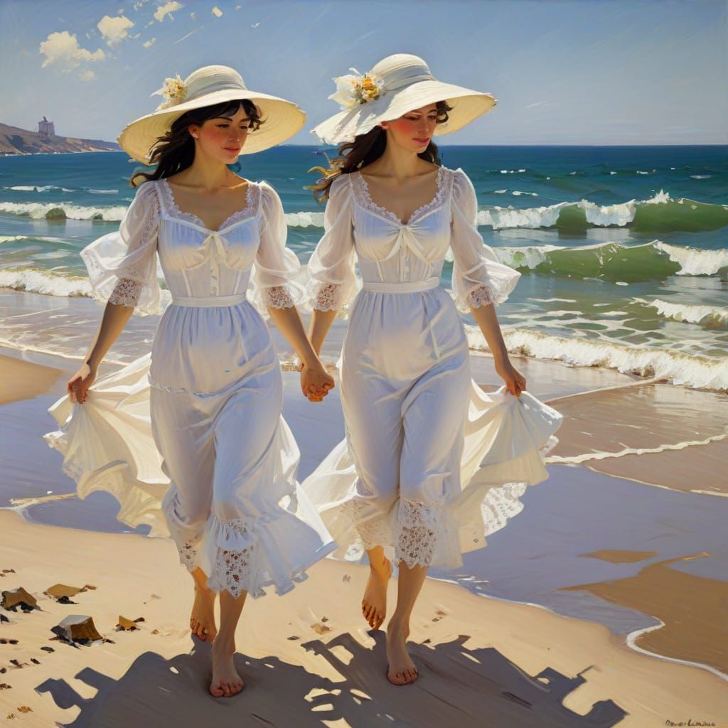 Women in White Lace Dresses Walk Seaside, Impressionist Styl...