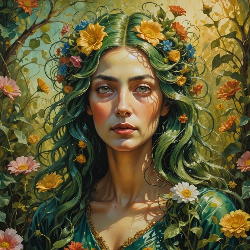 Surreal Woman with Floral Hair, Oil Painting