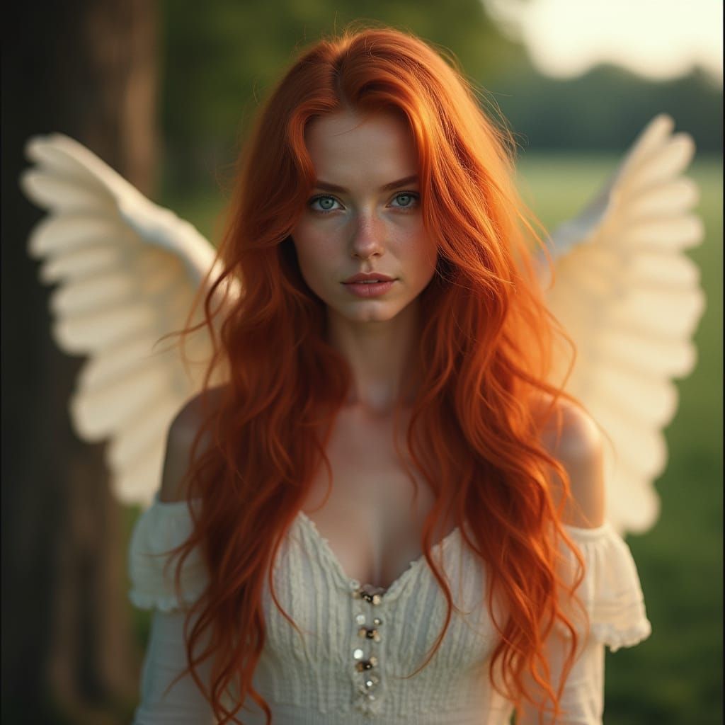 Angel Woman with Long Red Hair and Blue Eyes