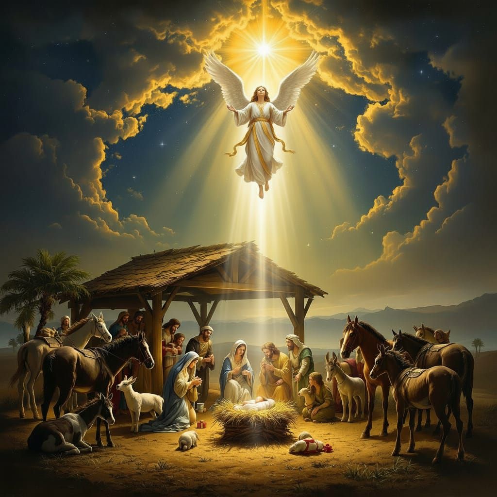 Nativity Scene: Birth of Jesus with Angels and Wise Men