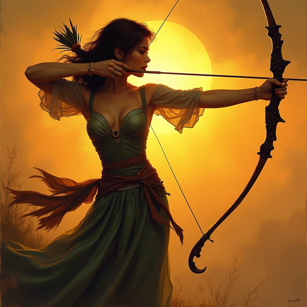 Elegant Archer Releases Arrow at Sunset