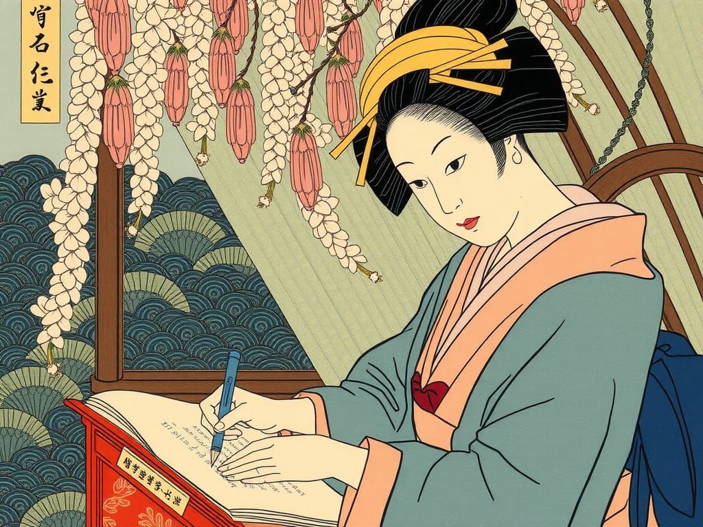 Murasaki Shikibu Writing Tales of Genji: Ukiyo-e Style