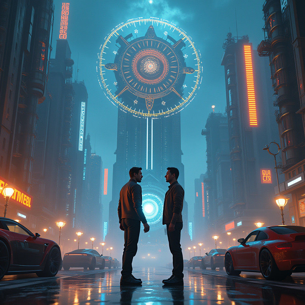 Stark vs Musk in Neon Metropolis, Syd Mead Style