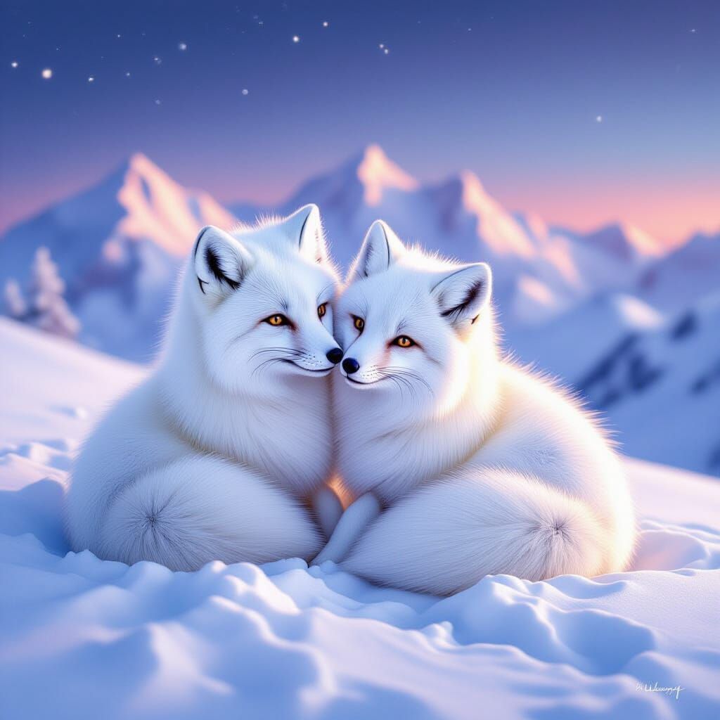 Arctic Foxes Snuggling in Twilight Snow, Stylized Watercolor