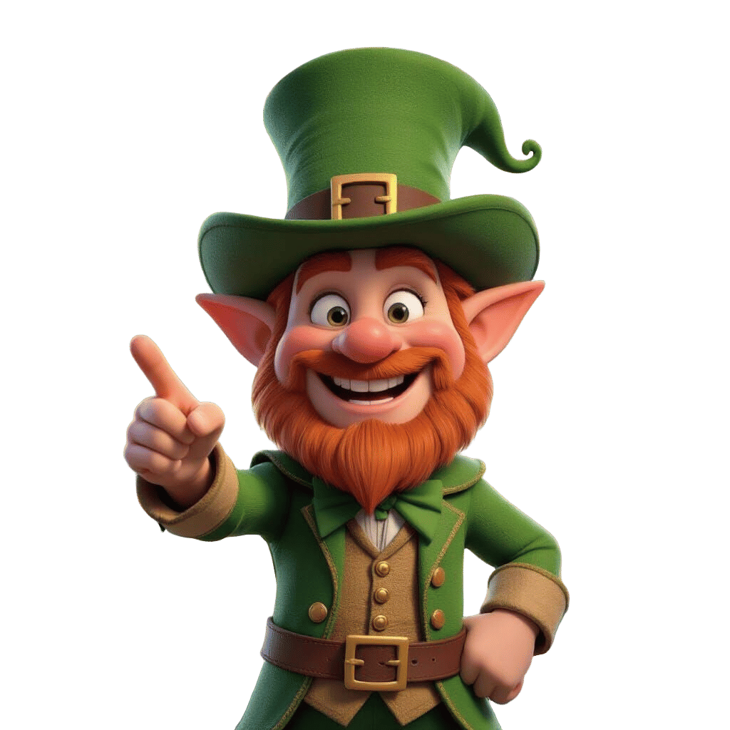 Smiling Leprechaun Points Finger: 3D Cartoon Art