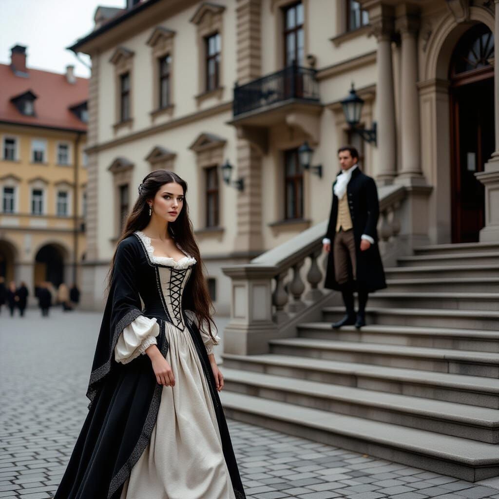 Woman in 1718 Stanislaviv: Hyper-Realistic Scene
