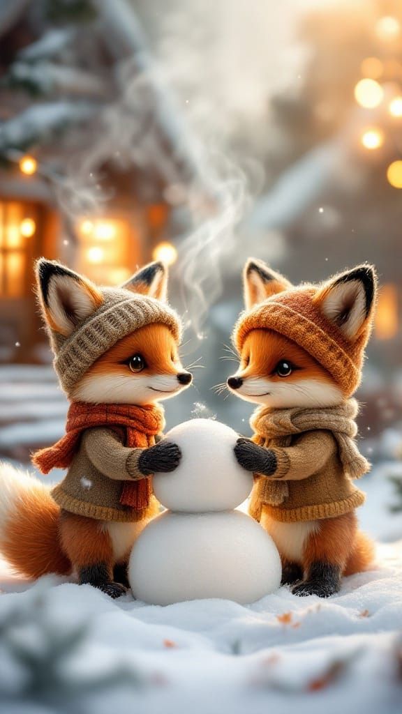 Whimsical Winter Scene with Felted Foxes Building a Snowman