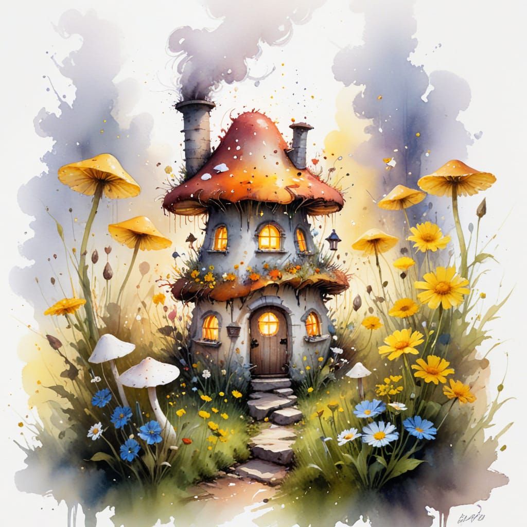 Miniature Mushroom House in Wildflower Meadow