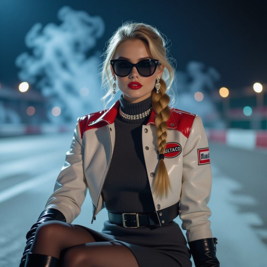 Glampunk Close-Up of Blonde Actress in Vintage Racing Jacket